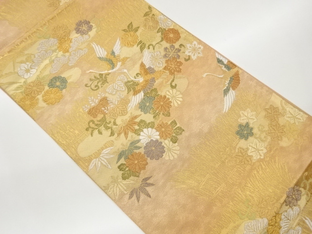 JAPANESE FUKURO OBI / WOVEN CRANE & FLOWERS